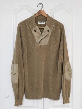 Vintage Orvis Men's Large Tan Sweater WWII Military Mechanic Style Elbow Patches